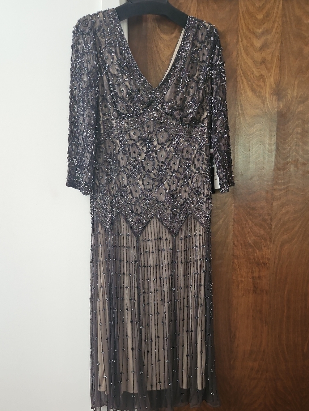 Beaded V-Neck Midi Dress in Taupe Pisarro Nights 10P